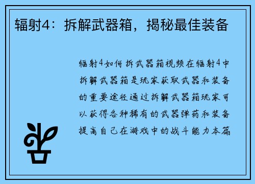辐射4：拆解武器箱，揭秘最佳装备